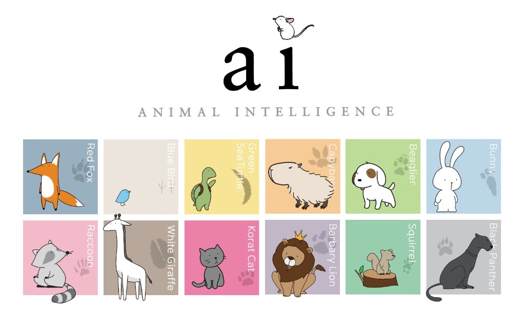 Animal Intelligence main characters: Red Fox, Blue Bird, Green Sea Turtle, Capybara, Beaglier, Bunny, Raccoon, White Giraffe, Korat Cat, Barbary Lion, Squirrel, and Black Panther