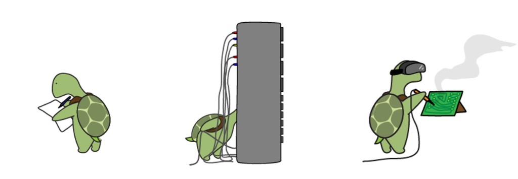 Illustration of the turtle agent taking notes, wiring a server, and designing a circuit board in VR